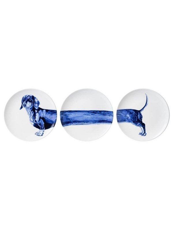 Heinen Delfts Blauw Wandborden Teckel set van 3, Huis en Inrichting, Nieuw, Ophalen of Verzenden, Wandbord of Wandpaneel, Blauw