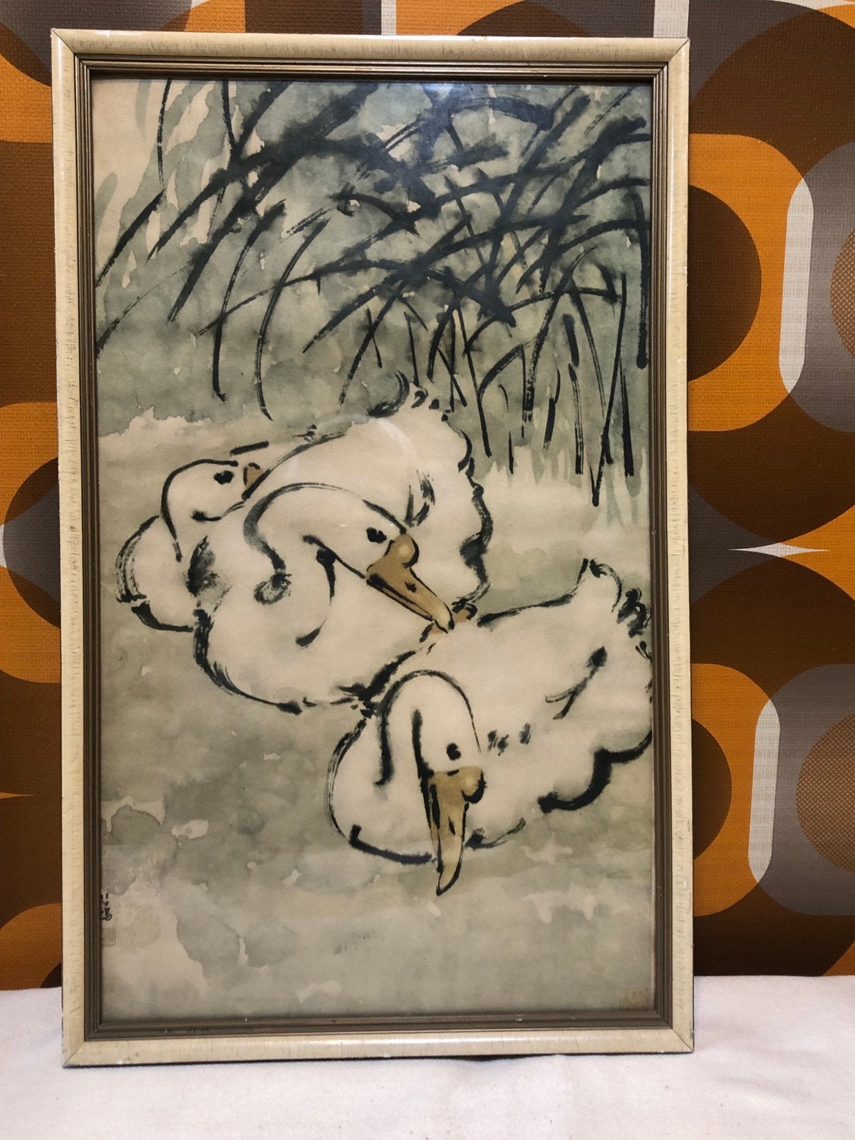 Vintage aquarel schilderij met ganzen  in riet, Antiek en Kunst, Realistisch, Dieren, Ophalen of Verzenden, Aquarel
