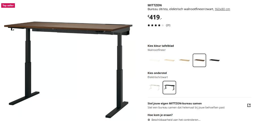 IKEA MITTZON elektrisch zit/sta bureau walnootfineer, Ophalen, Zit-sta bureau, Hout, Bruin