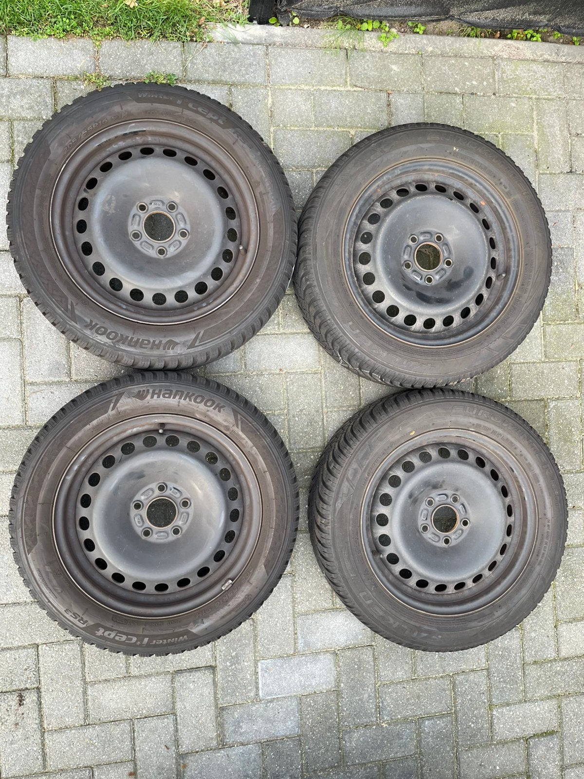 Winterbanden 205/55R16 op stalen velgen—Hankook7mm/Fslken6mm, Ophalen, Gebruikt, 16 inch, Banden en Velgen