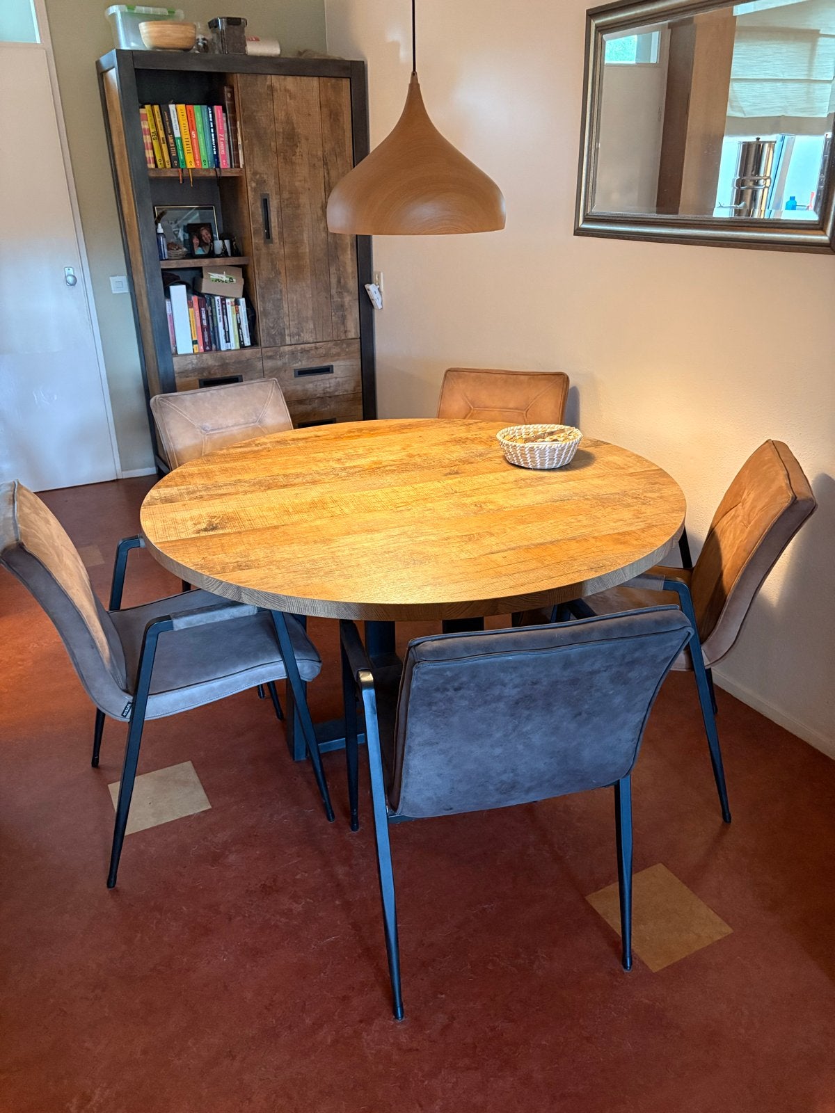 Ronde eettafel Ø 140 cm – melamine houtlook blad, Huis en Inrichting, Ophalen, Kunststof, 100 tot 150 cm, Rond