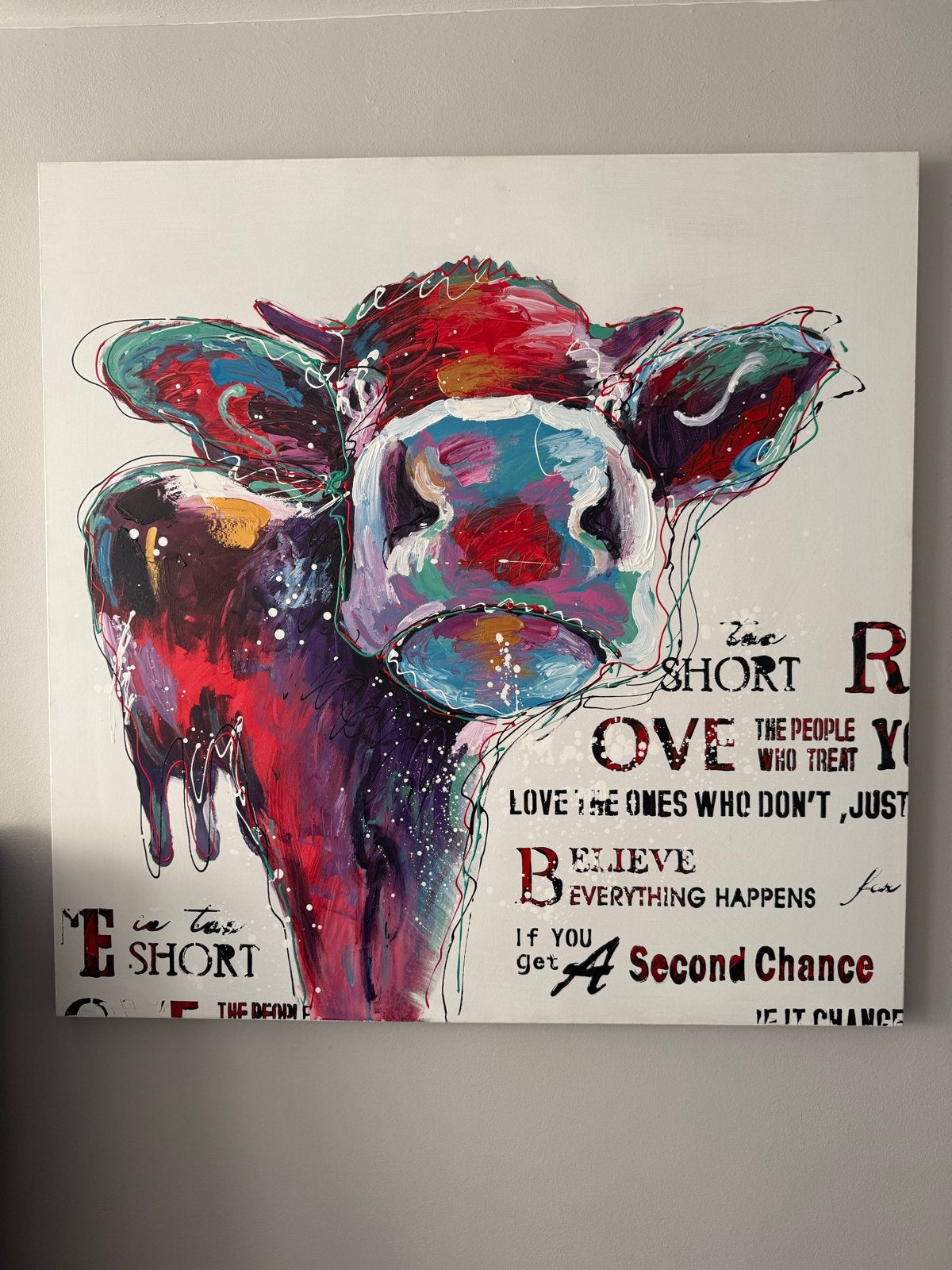 Kleurrijk Koe Schilderij 100x100cm MOET WEG VÓÓR 14/9!, Antiek en Kunst, Ophalen, Textiel, Dieren