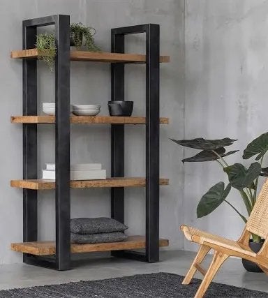 Eleonora Mango open boekenkast 160 cm – mangohout en metaal, Met plank(en), Gebruikt, 150 tot 200 cm, 150 tot 200 cm