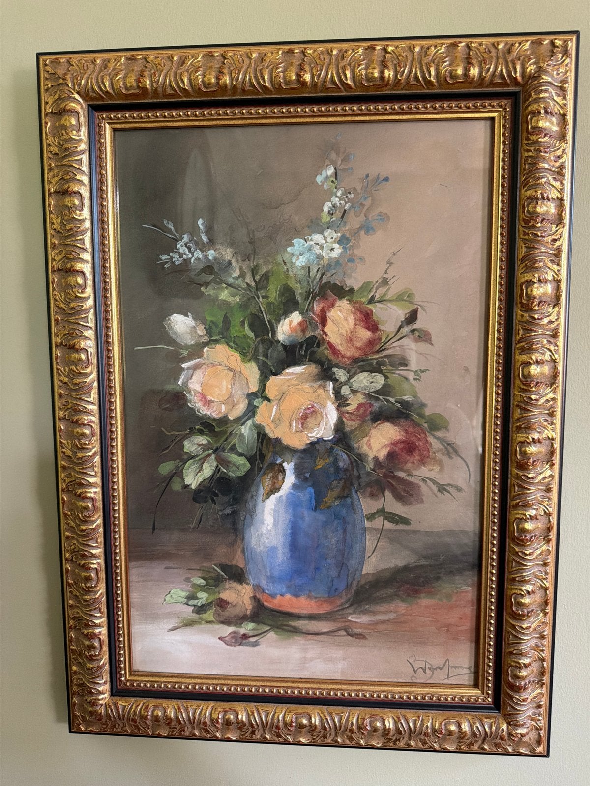 Schilderij bloemen BWensing olieverf met aquarelverf, Ophalen of Verzenden, Gesigneerd, Gemengde techniek, Bloemen