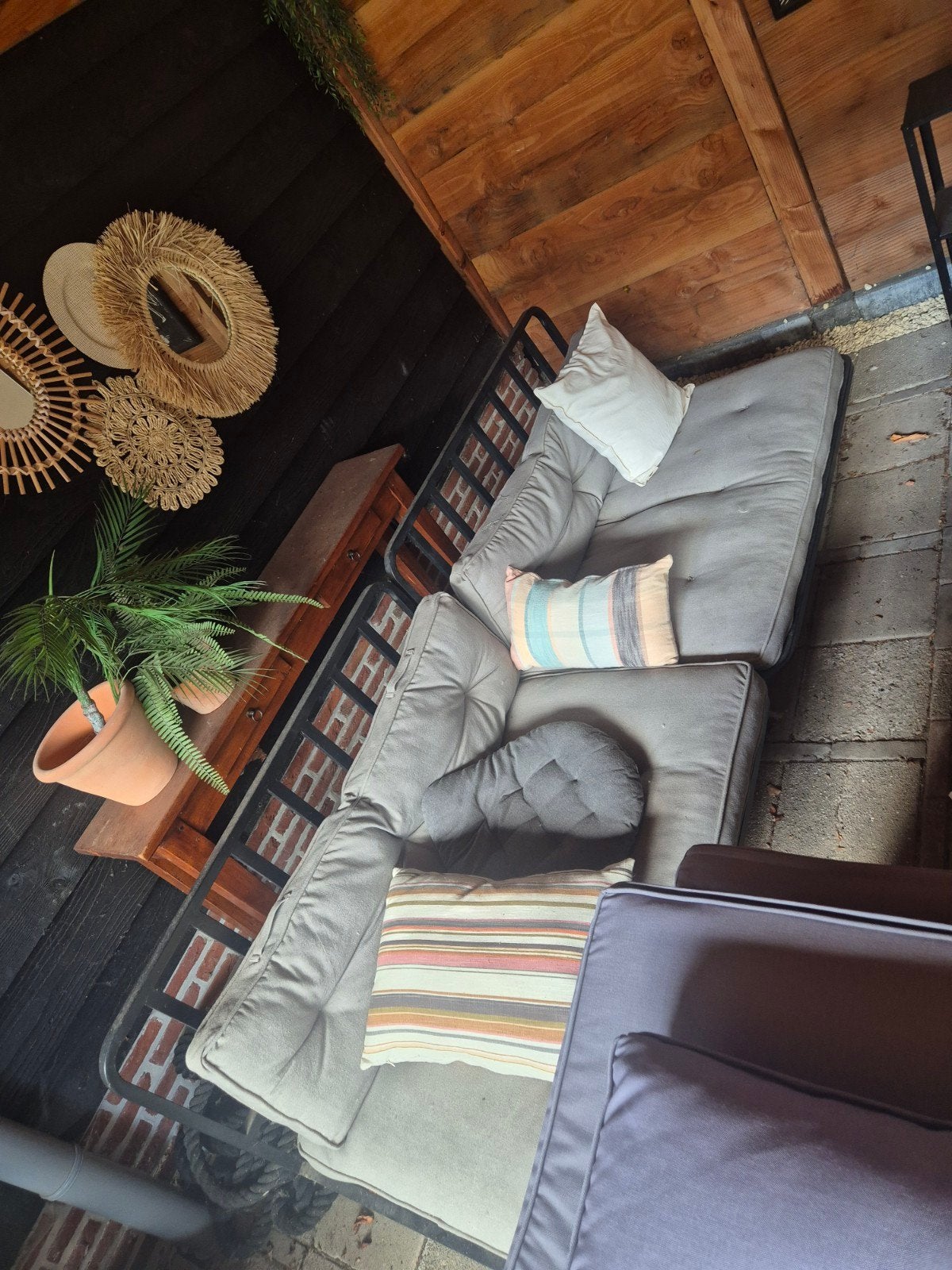 2 lounge banken met grijze pallet kussens, Tuin en Terras, Ophalen, Gebruikt