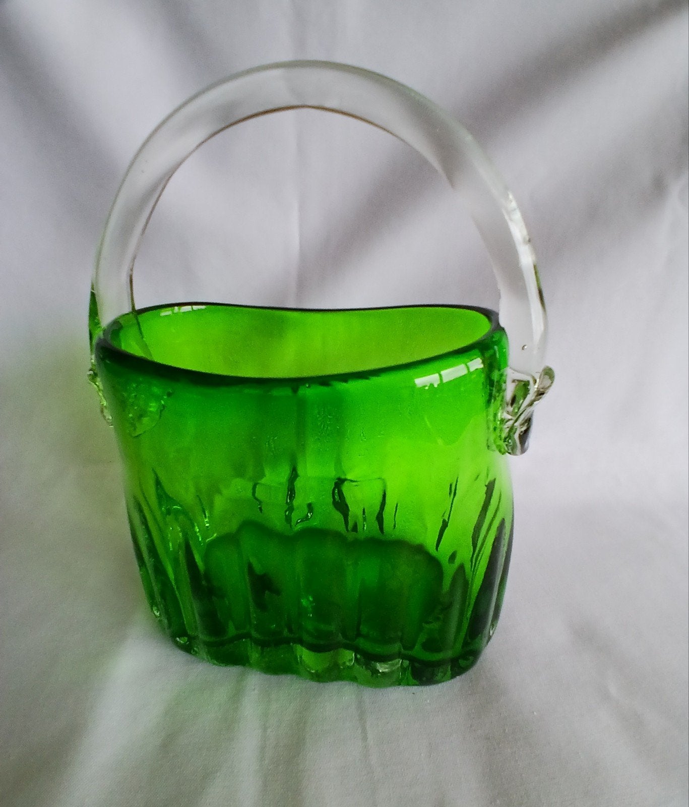 Vintage Groen Glazen Mandvaas met Hengsel - Nieuwstaat, Ophalen of Verzenden