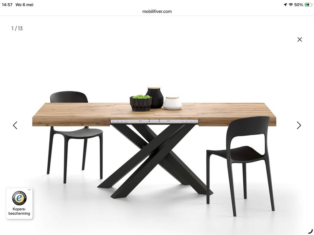 Uitschuifbare eettafel met metalen onderstel, Huis en Inrichting, Tafels | Eettafels, Ophalen, Gebruikt, 200 cm of meer, 50 tot 100 cm