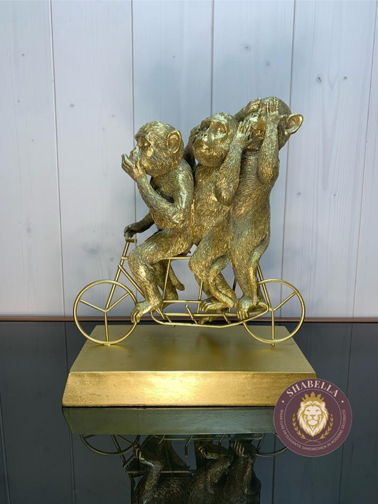 3 apen op een fiets - horen, zien en zwijgen - Shabella-deco, Shabella, Nieuw, Ophalen of Verzenden, Goud