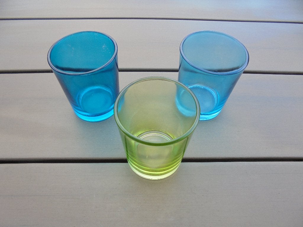 O69 3 glazen theelicht houdertjes, Blauw, Waxinelichthouder, Ophalen of Verzenden, Glas