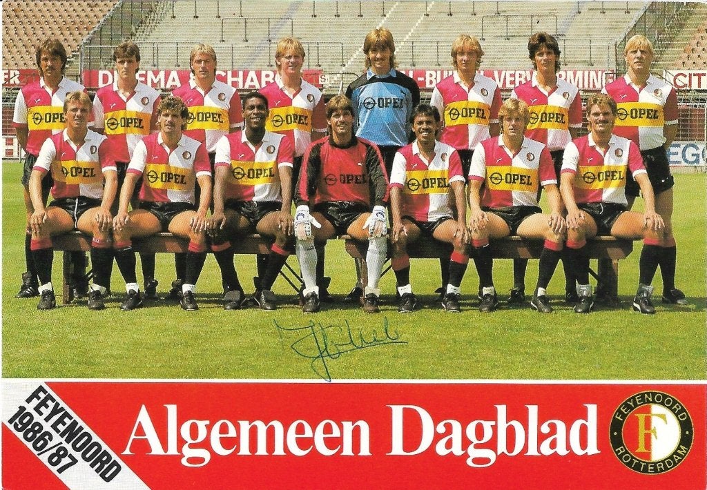 1986-1987 fotokaart AD Feyenoord handtekening Joop Hiele, Verzenden, Zo goed als nieuw, Feyenoord, Spelerskaart