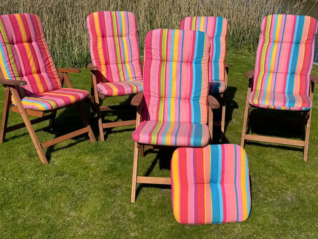 5x Teakhouten tuinstoelen met gestreepte kussens, Ophalen, Gebruikt, Teakhout, Inklapbaar