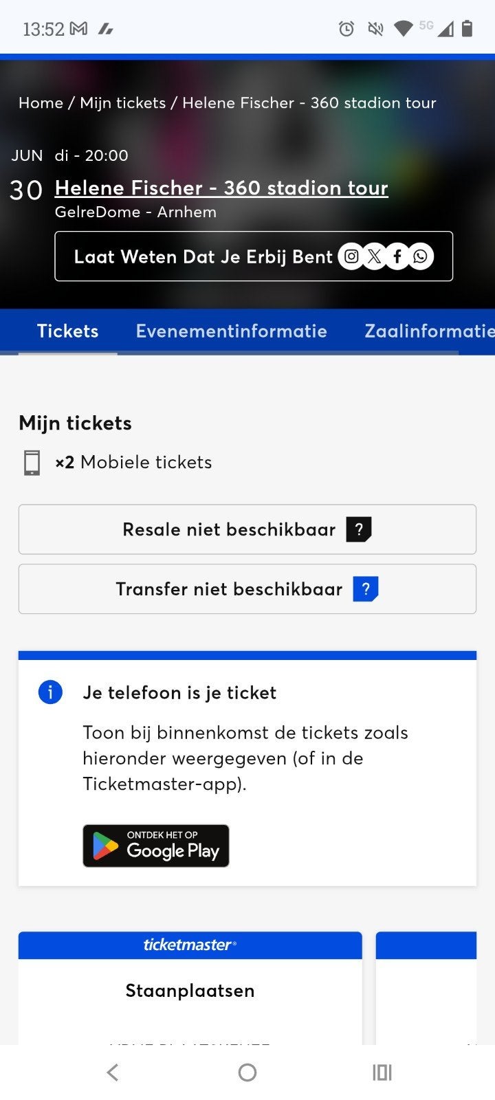 2 tickets Helene Fischer 360 tour staanplaatsen 30-06 Arnhem, Twee personen, Juni