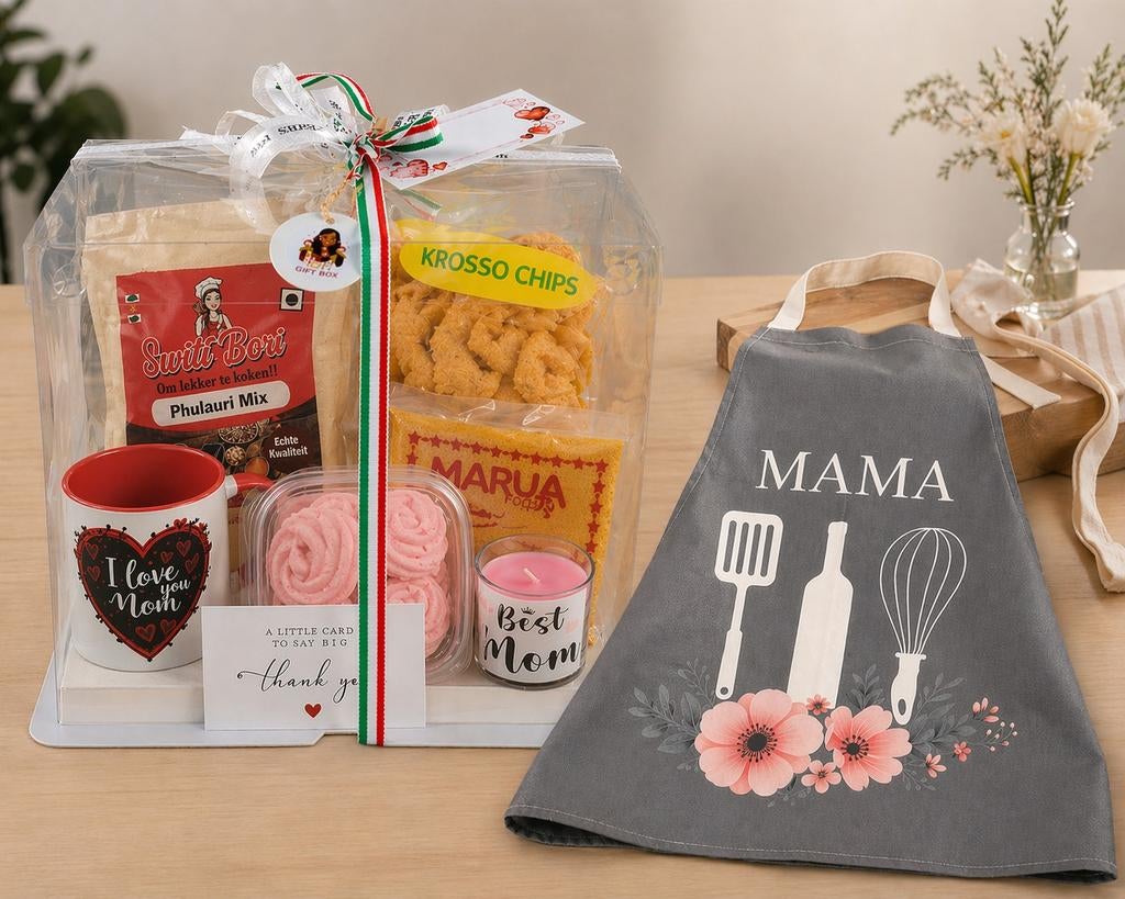 Moederdag cadeaupakket: Schort, mok & lekkernij, Huis en Inrichting, Ophalen, Meerkleurig, Overige materialen, Overige stijlen