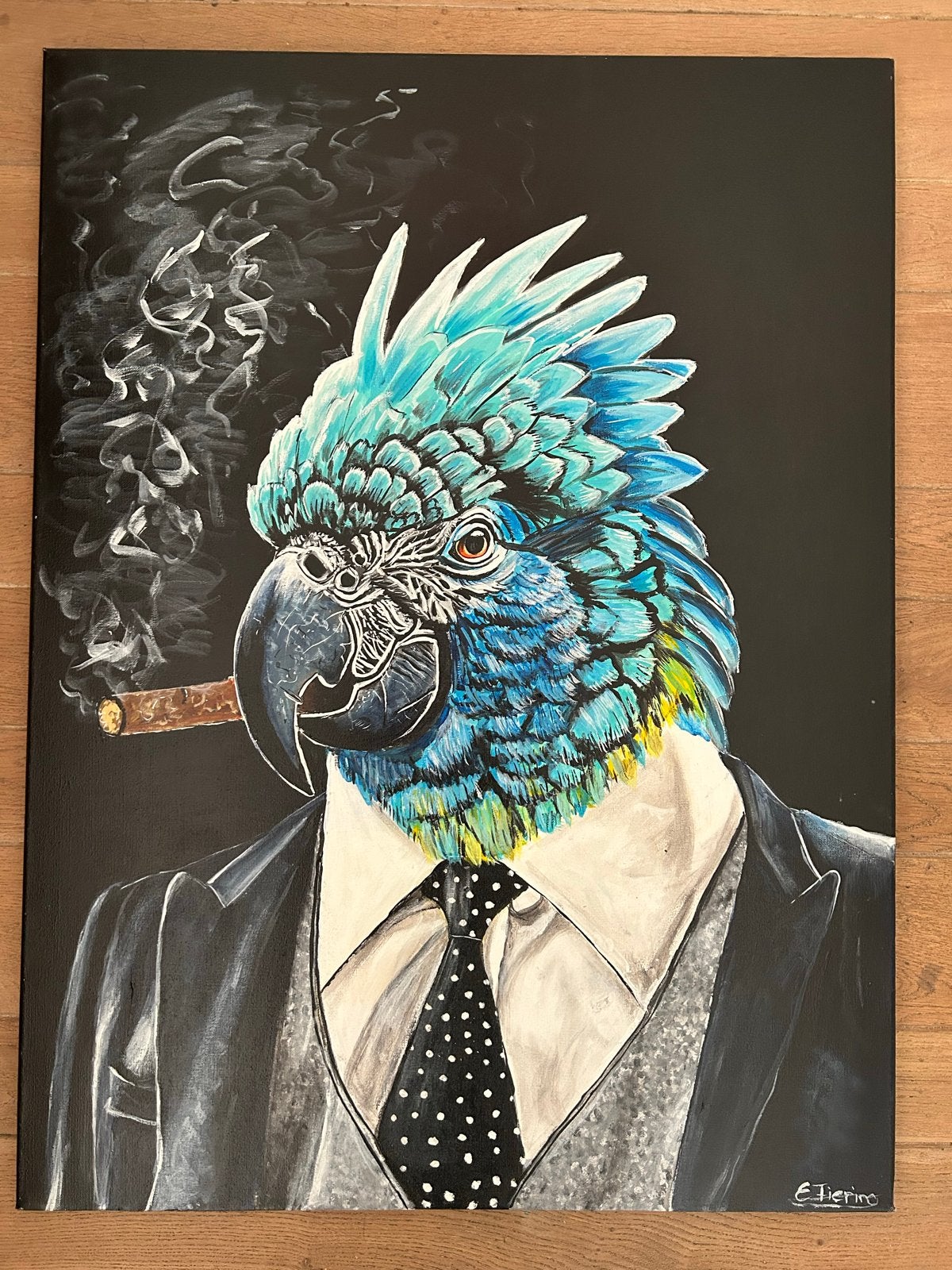 Papegaai met sigaar - Acrylverf op doek (60-80 cm), Antiek en Kunst, Acrylverf, Dieren, Textiel, Gelakt/vernis