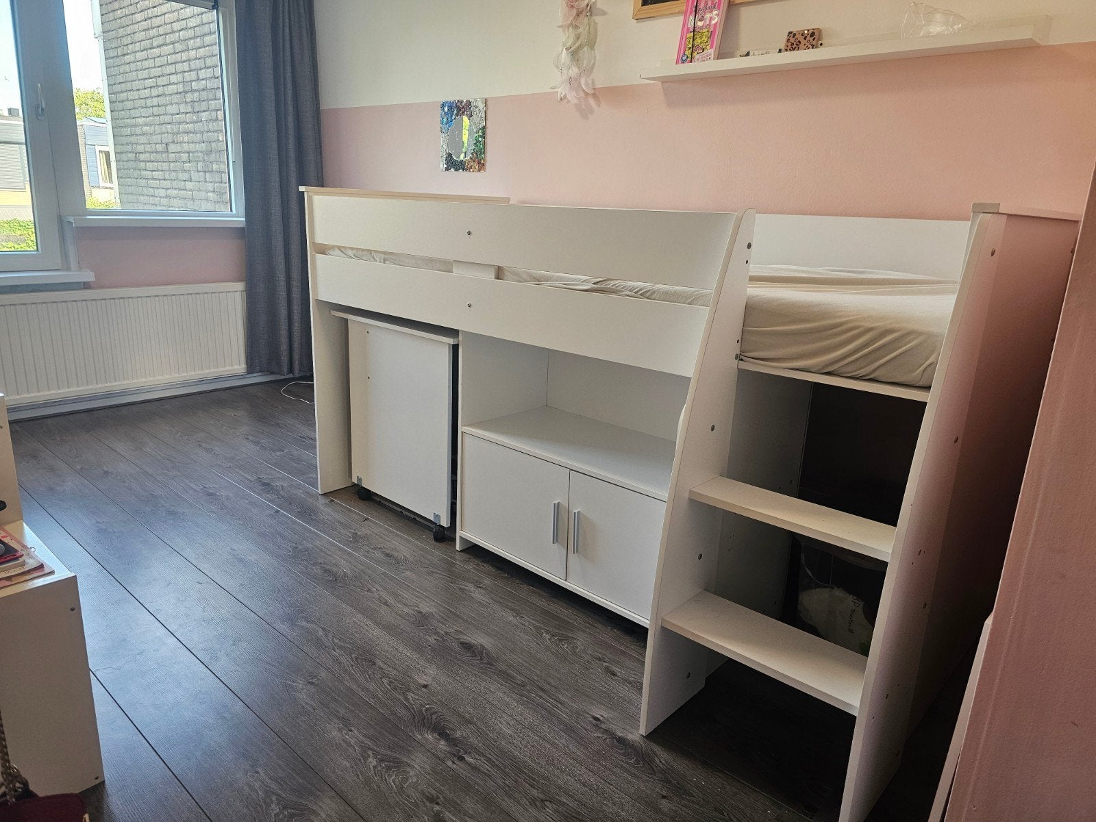 Witte halfhoogslaper met bureau en matras, Ophalen, 90 cm, Eenpersoons, Minder dan 160 cm
