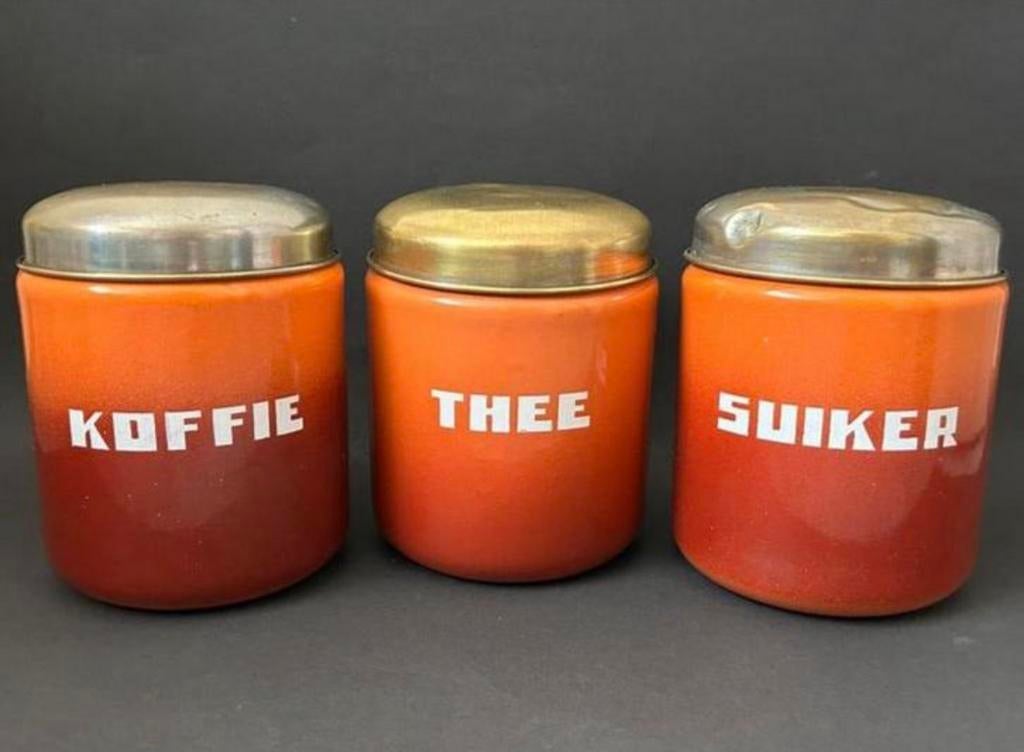 Rood Gevlamde Koffie, Thee & Suiker Voorraadbussen, Antiek en Kunst, Antiek | Emaille, Ophalen of Verzenden