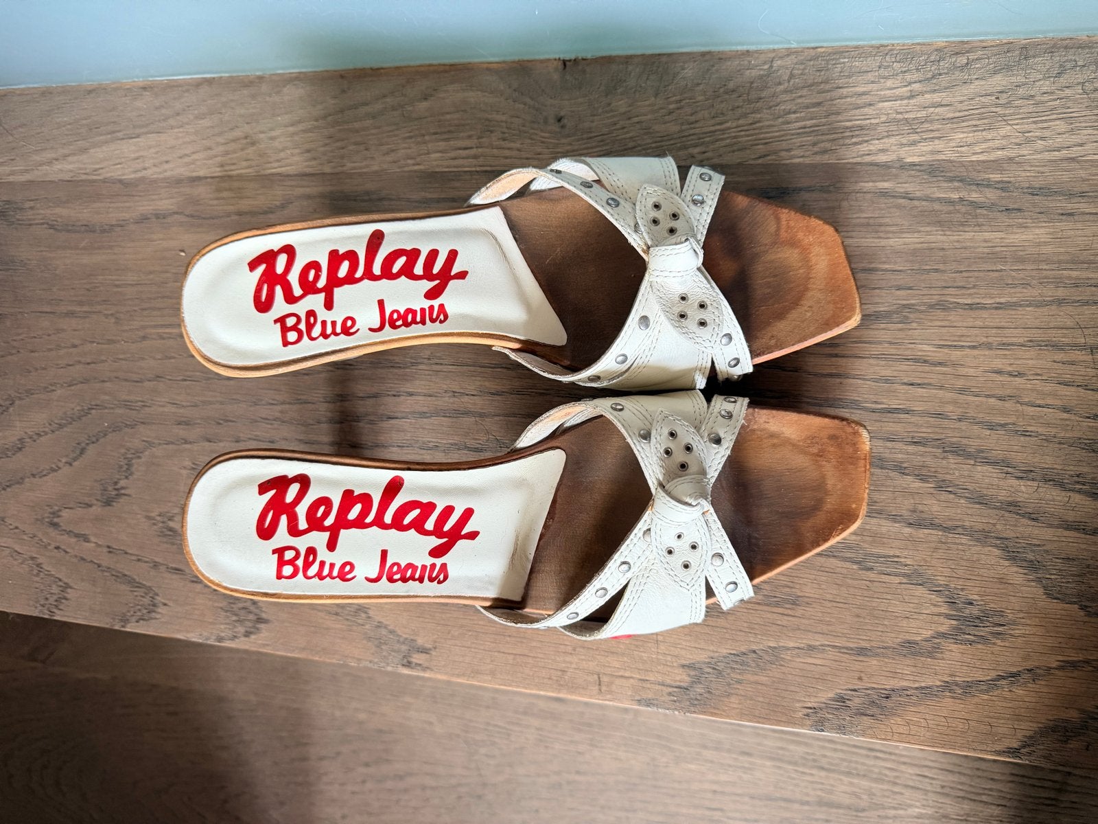 Replay Blue Jeans sandalen met houten hak - Maat 38, Ophalen of Verzenden, Gedragen, Wit, Sandalen of Muiltjes