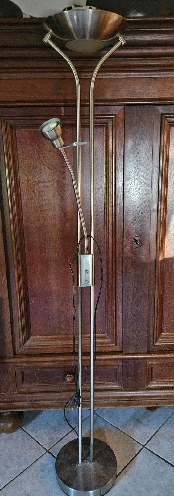 Stalen vloerlamp met leeslamp - werkend, Ophalen, Gebruikt, Overige fittingen, Metaal