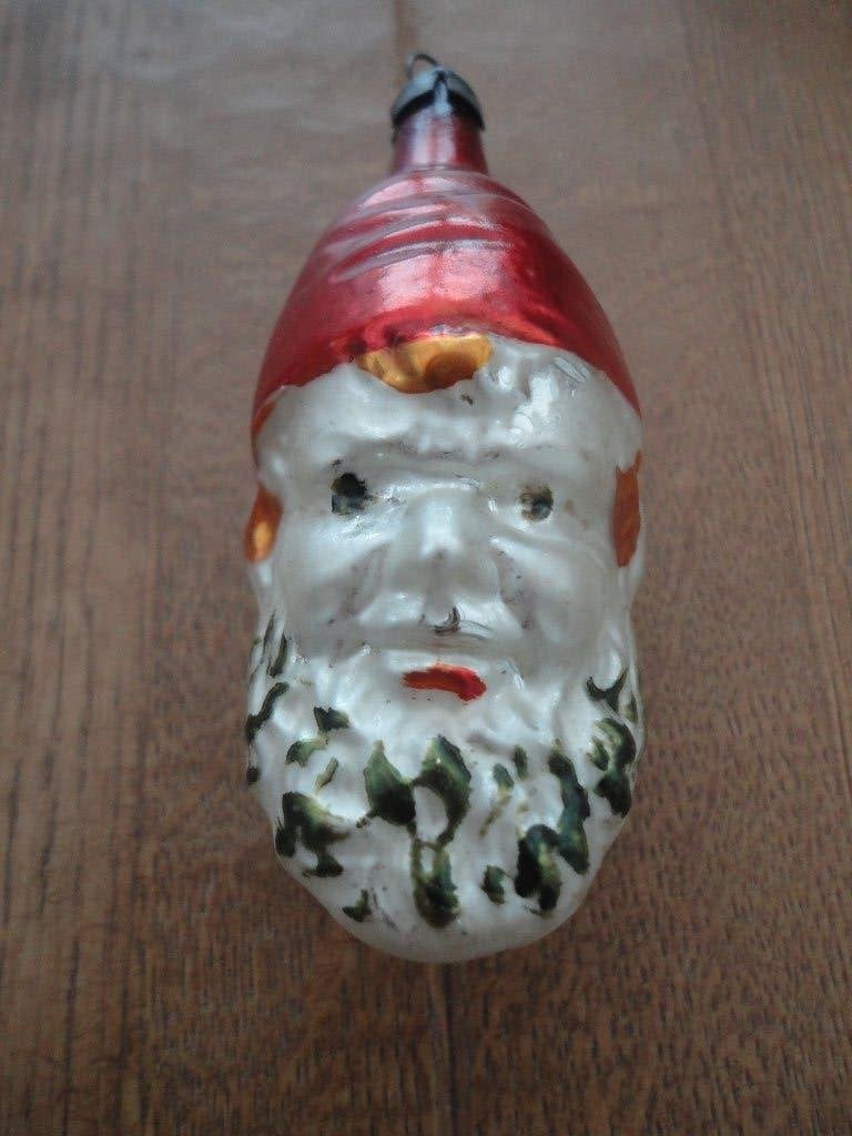 Mooie oude glazen kerstbal hoofd Kerstman c.q. kabouter, Ophalen of Verzenden, Gebruikt