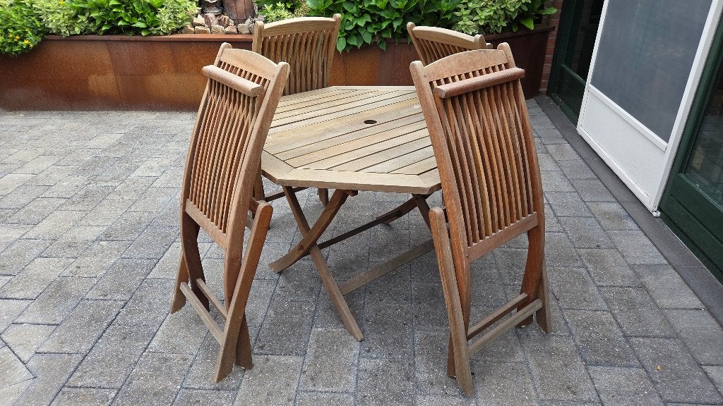 Hardhouten tuintafel met 4 stoelen, Ophalen, Gebruikt, Rechthoekig, Hout