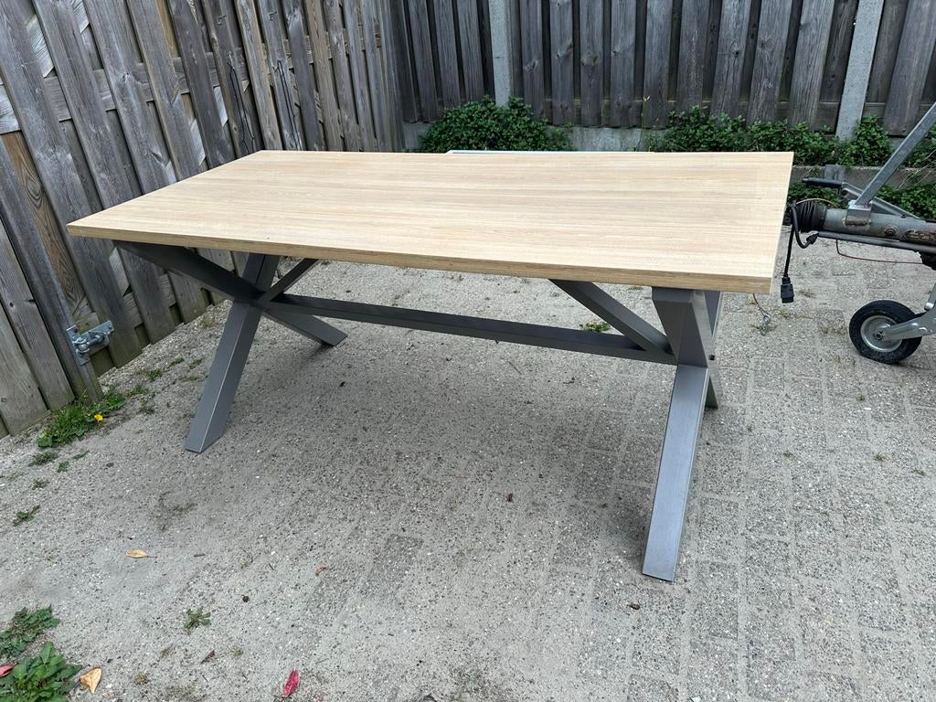 Prachtige tafel/bureau grijs kruispoot175x80 houtlook blad, Ophalen, Overige typen, Hout, Zo goed als nieuw