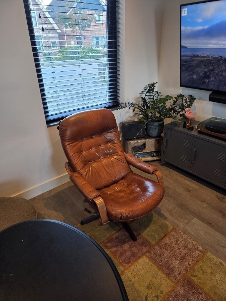 Vintage Göte Möbler Nässjö draaifauteuil leer, Gebruikt, Ophalen of Verzenden, 50 tot 75 cm, Leer