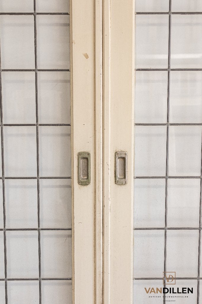 Oude ensuite schuifdeuren blank geblokt glas in lood, Doe-het-zelf en Verbouw, Deuren en Horren, Gebruikt, 120 cm of meer, Binnendeur
