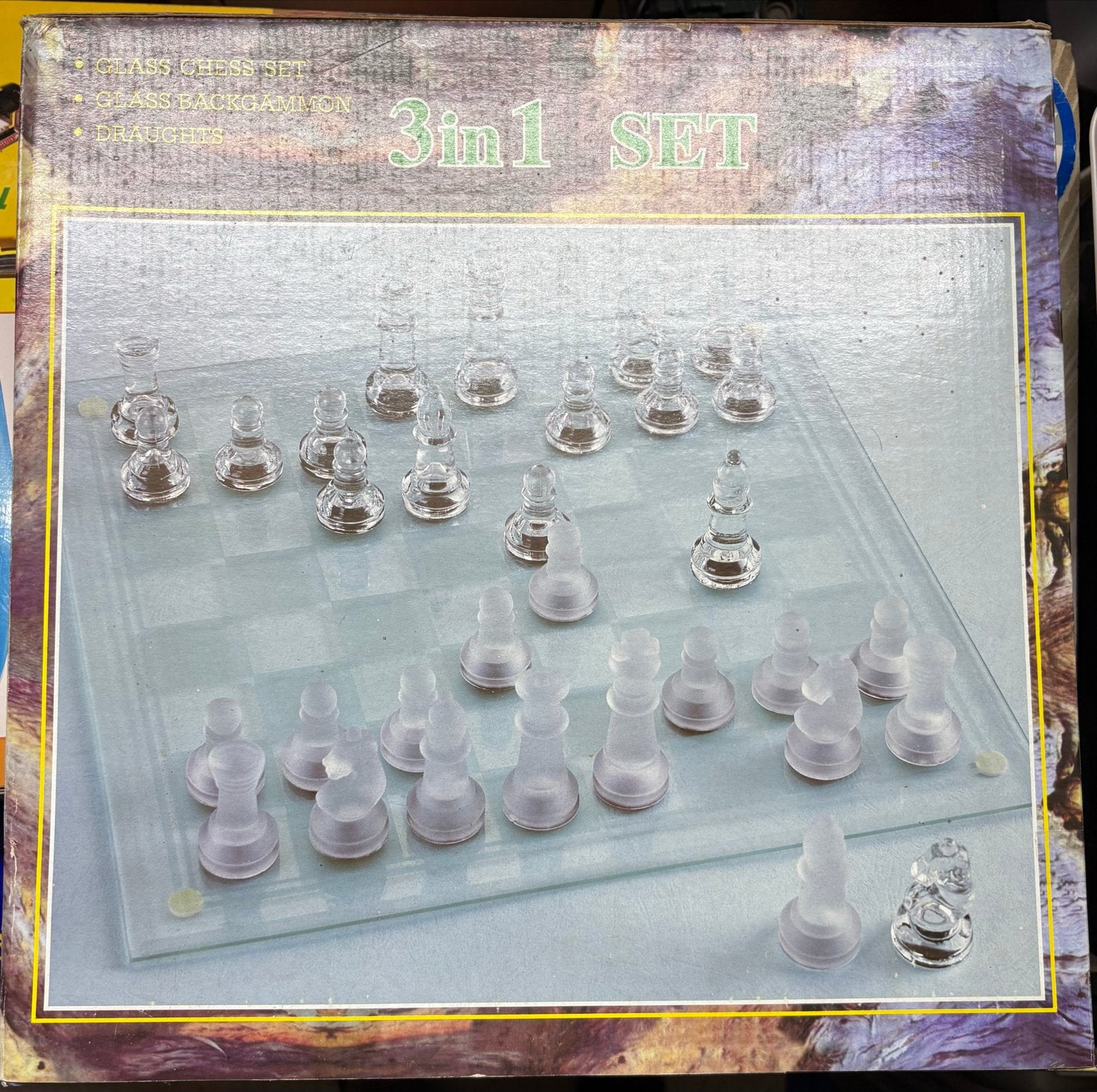 3-in-1 Glazen Schaak-, Backgammon- en Damspel Set, Een of twee spelers, Ophalen, Zo goed als nieuw