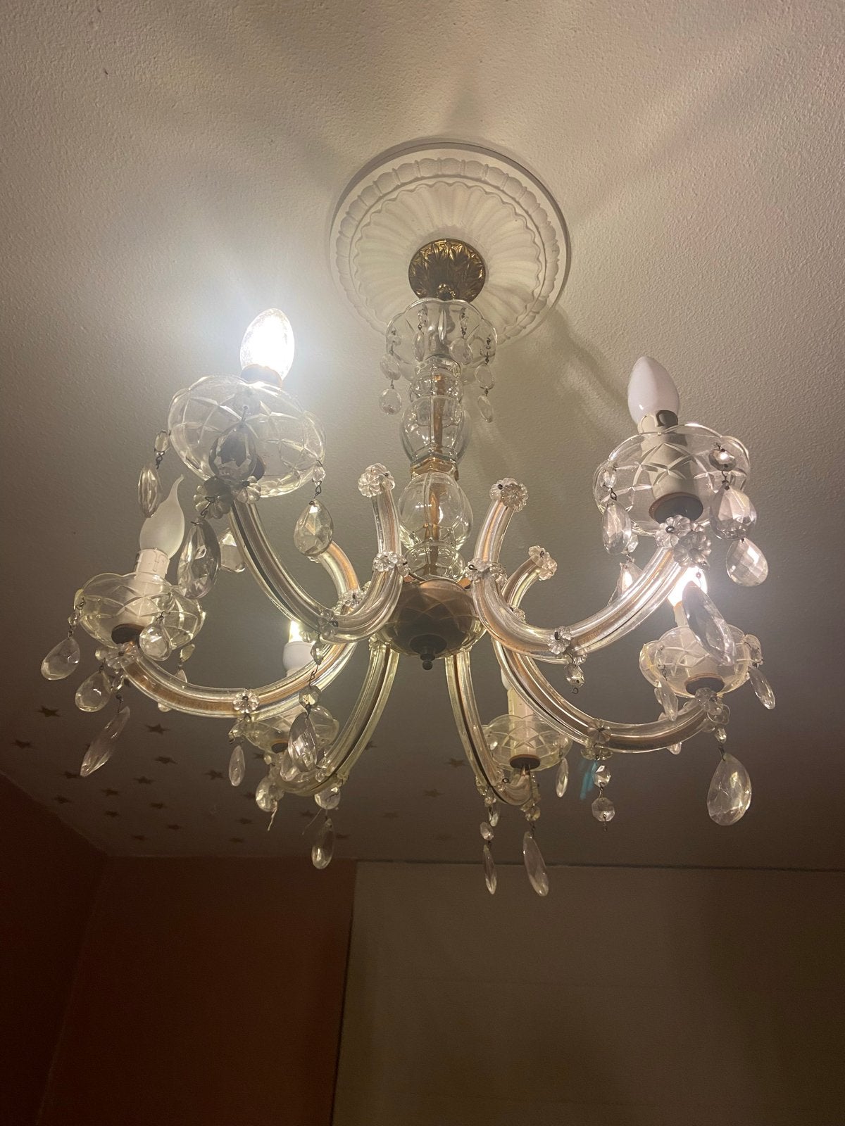 Vintage Kroonluchter met Glazen Diamanten - Opknapper, Ophalen, Gebruikt, Glas, E14 (klein)