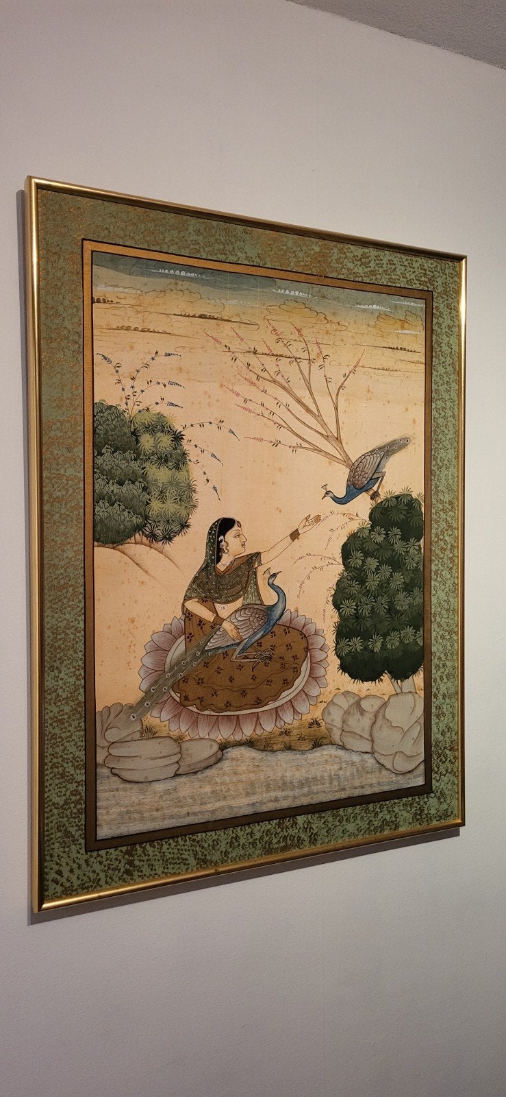 Set van 2 Indiase Vrouw met pauwen, Schilderij, Natuurlijk materiaal, India, Ophalen of Verzenden