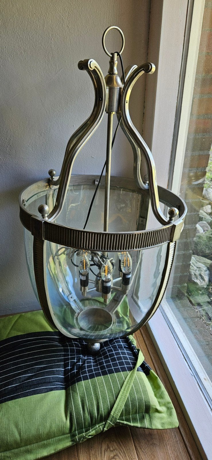 Grote glazen videlamp/ hanglamp met metalen frame, Huis en Inrichting, Ophalen, Klassiek, Modern, Elegant, E14 (klein), Zo goed als nieuw