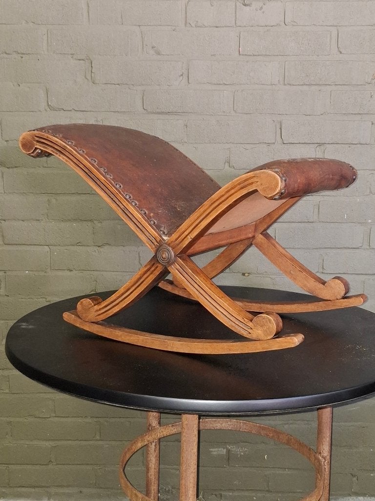 Eiken Design Schommel Voetenbankje Echt Leer - Vintage, Ophalen, Minder dan 50 cm, Gebruikt, 50 tot 75 cm