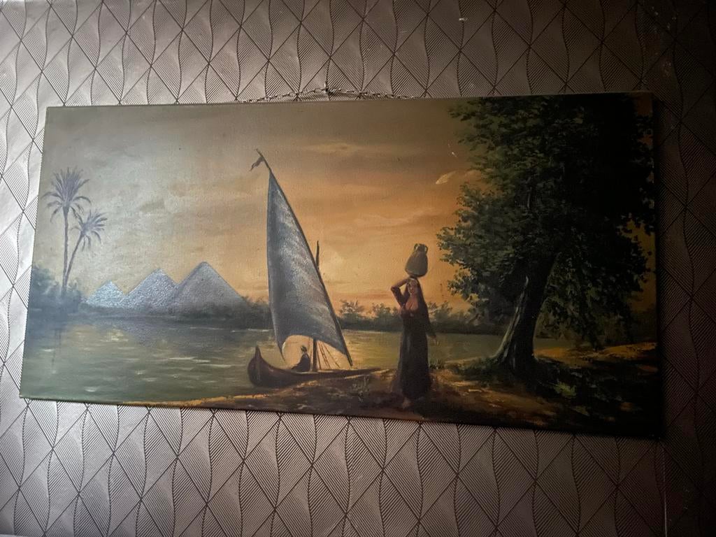 Oud schilderij: Egyptisch landschap met piramides en Nijl, Antiek en Kunst, Ophalen of Verzenden