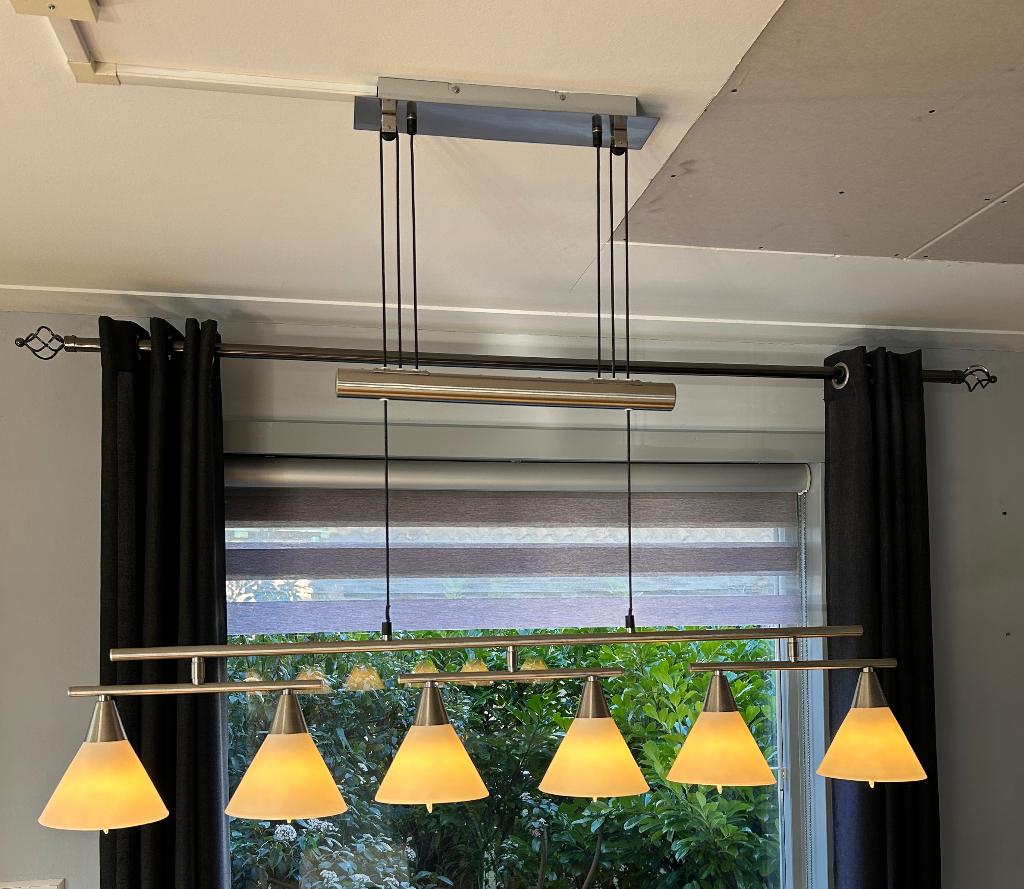 Hanglamp / lamp voor boven eetkamertafel 6 lichts, Ophalen, Zo goed als nieuw, Glas