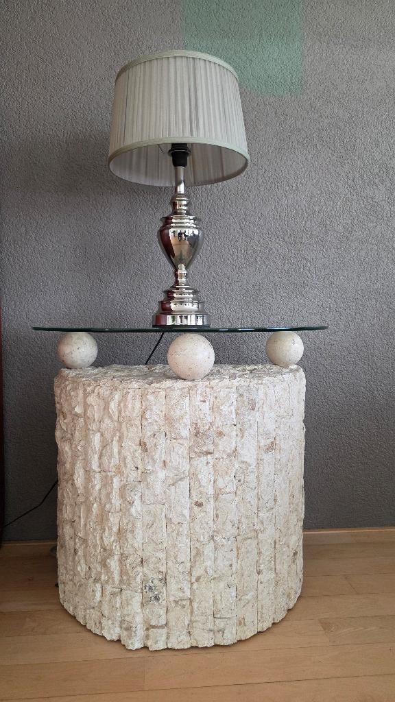 Fossil Stone bijzettafel - Halfrond B80xD40cm x H68cm, Fossiel steen / glas, Ophalen of Verzenden, 75 cm of meer, Overige vormen