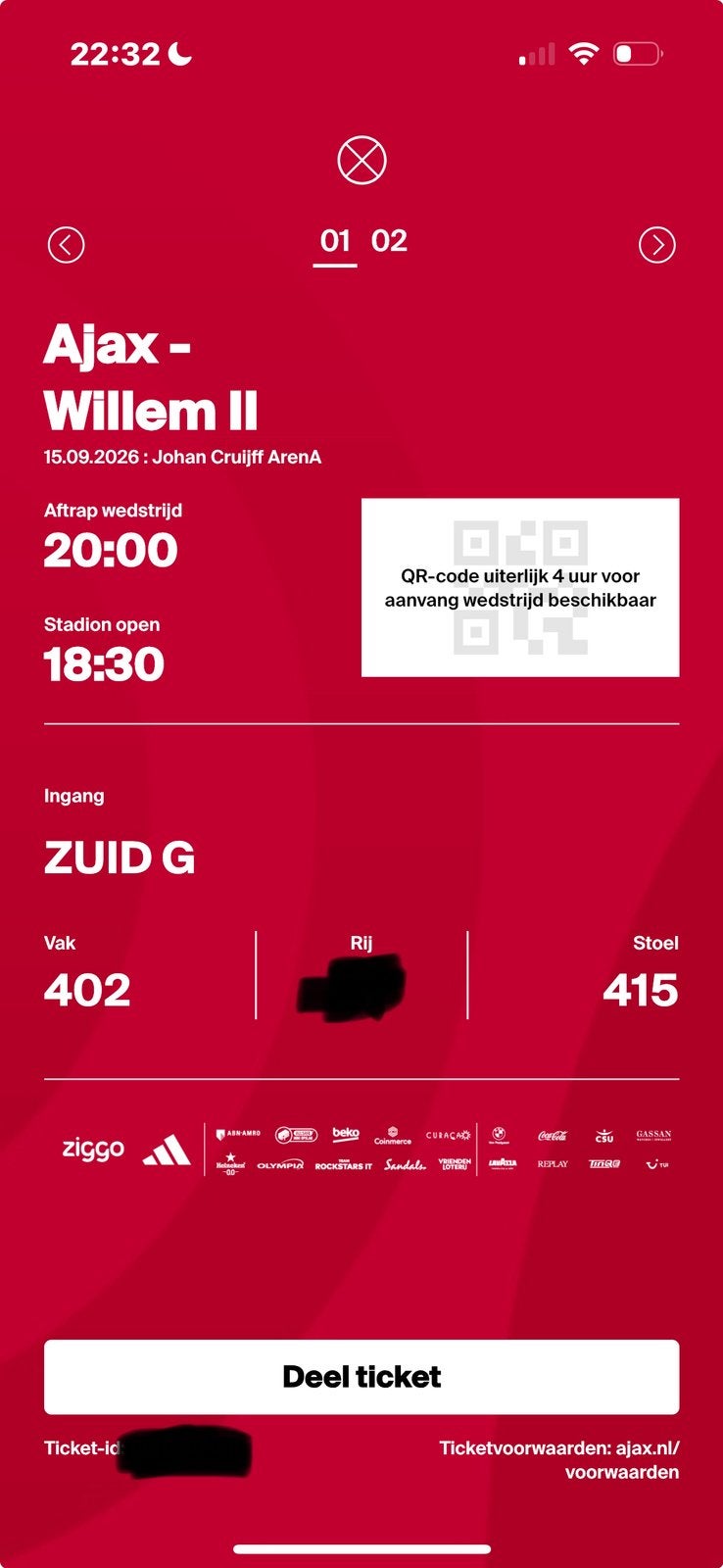Ajax - Willem ll 2 kaarten vak 402 naast elkaar, Twee personen, Oktober