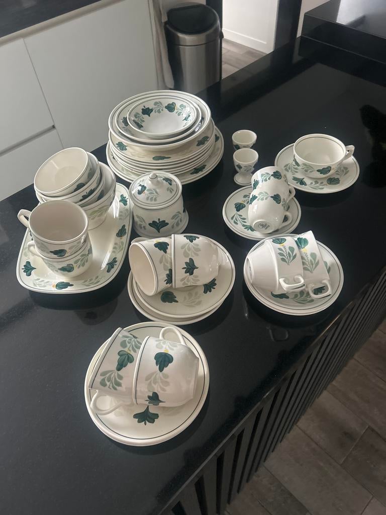 Uitgebreid servies met groen bladmotief, Keramiek, Ophalen of Verzenden, Zo goed als nieuw, Overige stijlen