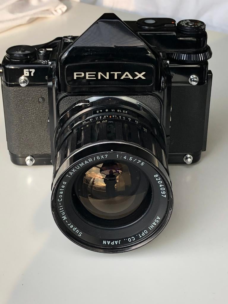 Pentax 67 + Takumar 67 75mm f/4.5 incl. TTL‑prisma zoeker, Ophalen of Verzenden, Gebruikt, Spiegelreflex, Pentax