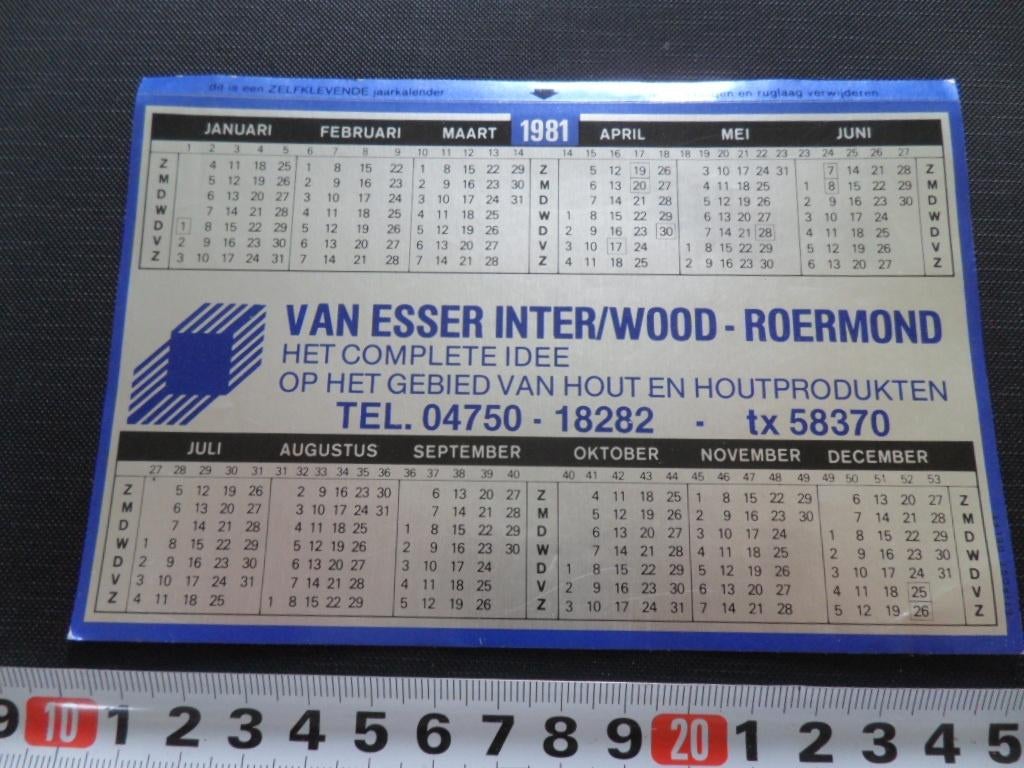 sticker Kalender 1981 Roermond VAN ESSER INTER/WOOD Hout, Ophalen, Zo goed als nieuw