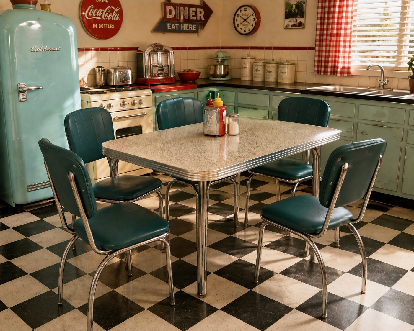 4 Amerikaanse Vitro dinerstoelen - Chroom en bekleding gaaf, Ophalen, Overige kleuren, Zo goed als nieuw, Vier