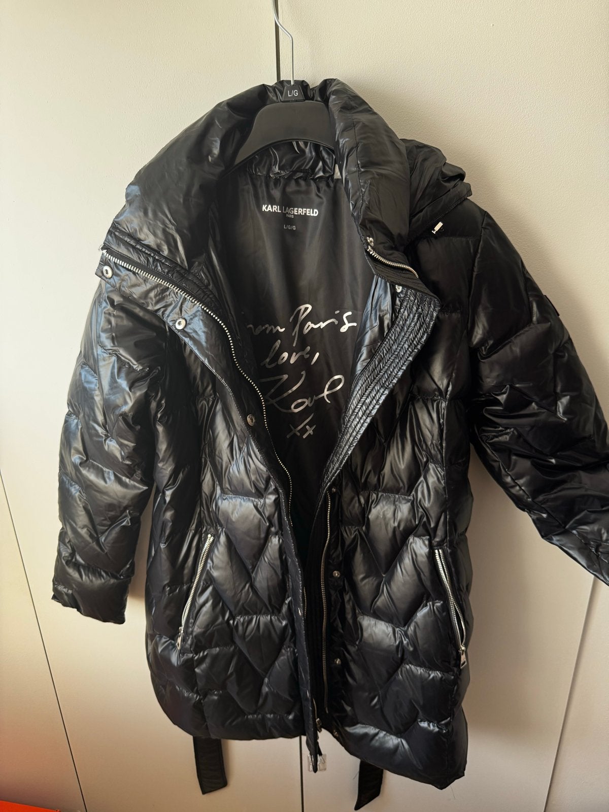 Karl Lagerfeld Belted Zig Zag Puffer Jas Zwart Maat L, Ophalen, Nieuw, Maat 42/44 (L), Zwart