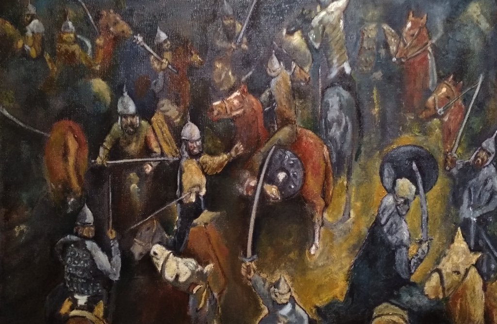 "De Laatste Slag" Schilderij, Overige stijlen, Doek, Ophalen of Verzenden, Olieverf