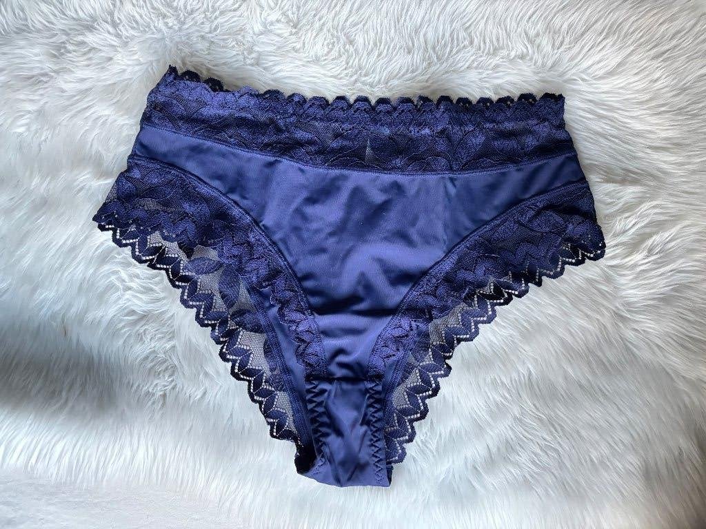 Blauw satijnen Slipje rondom kant - L, Verzenden, Blauw, Slip