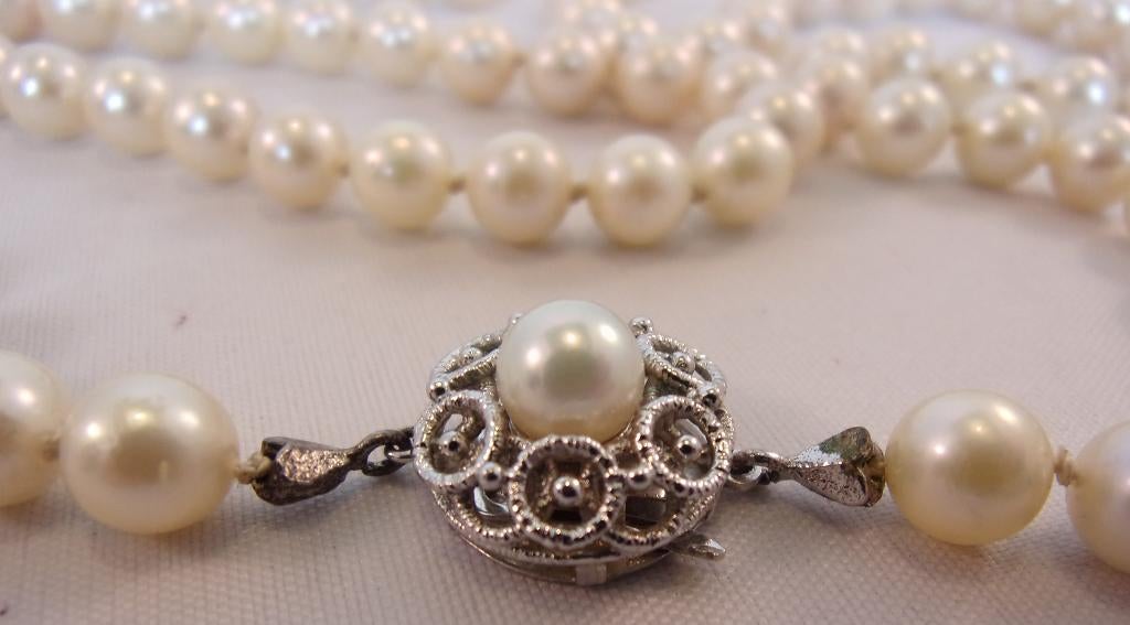 Wit Parelcollier- 49,54 gr- 72 cm- 14 karaat wit goud- zgan, Sieraden, Tassen en Uiterlijk, Kettingen, Verzenden, Wit, Zo goed als nieuw