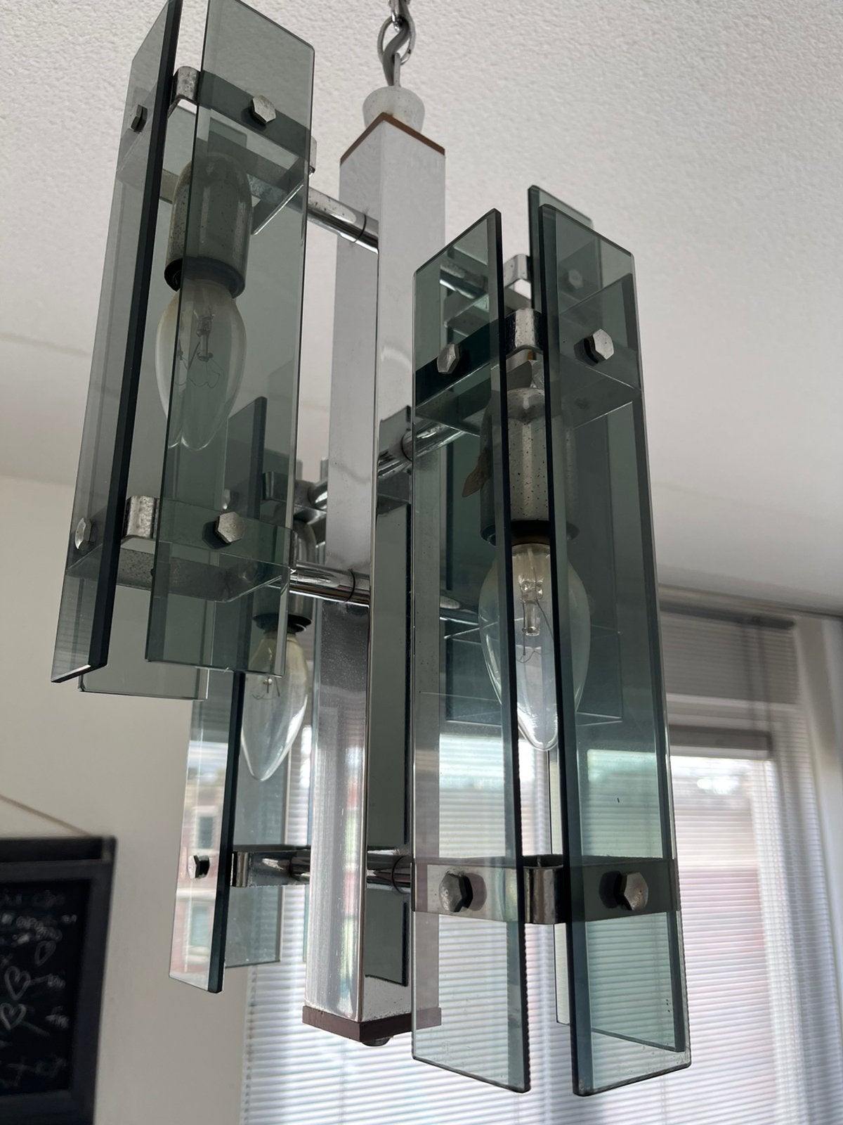 Vintage Italiaanse Space Age hanglamp – rookglas & chroom, Ophalen, Zo goed als nieuw, Glas