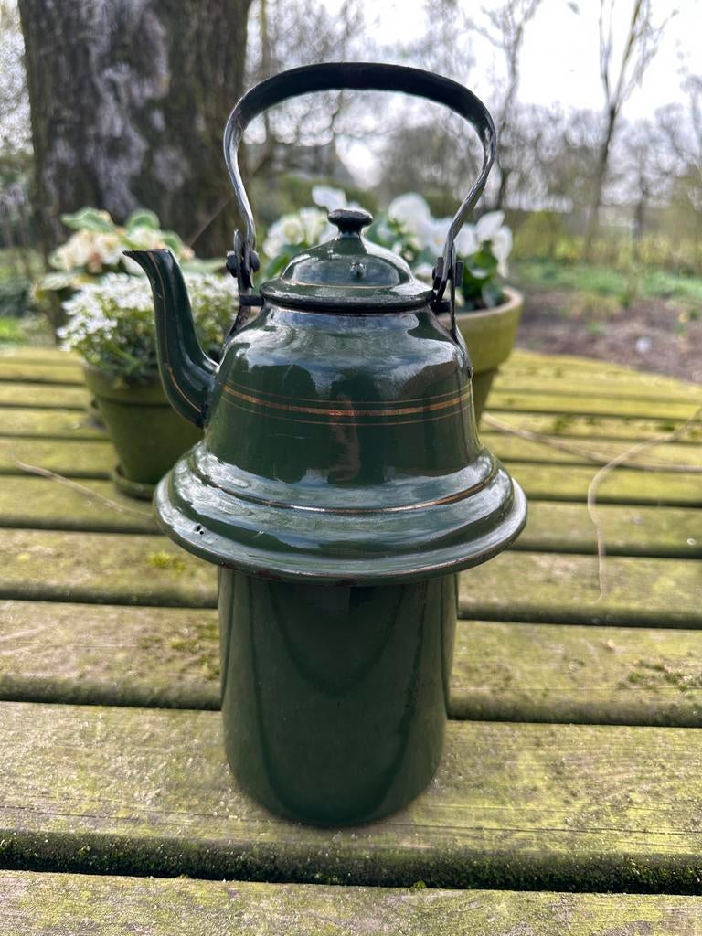 Mooie vintage emaille koffiepot - Groen, Antiek en Kunst, Antiek | Emaille, Ophalen of Verzenden
