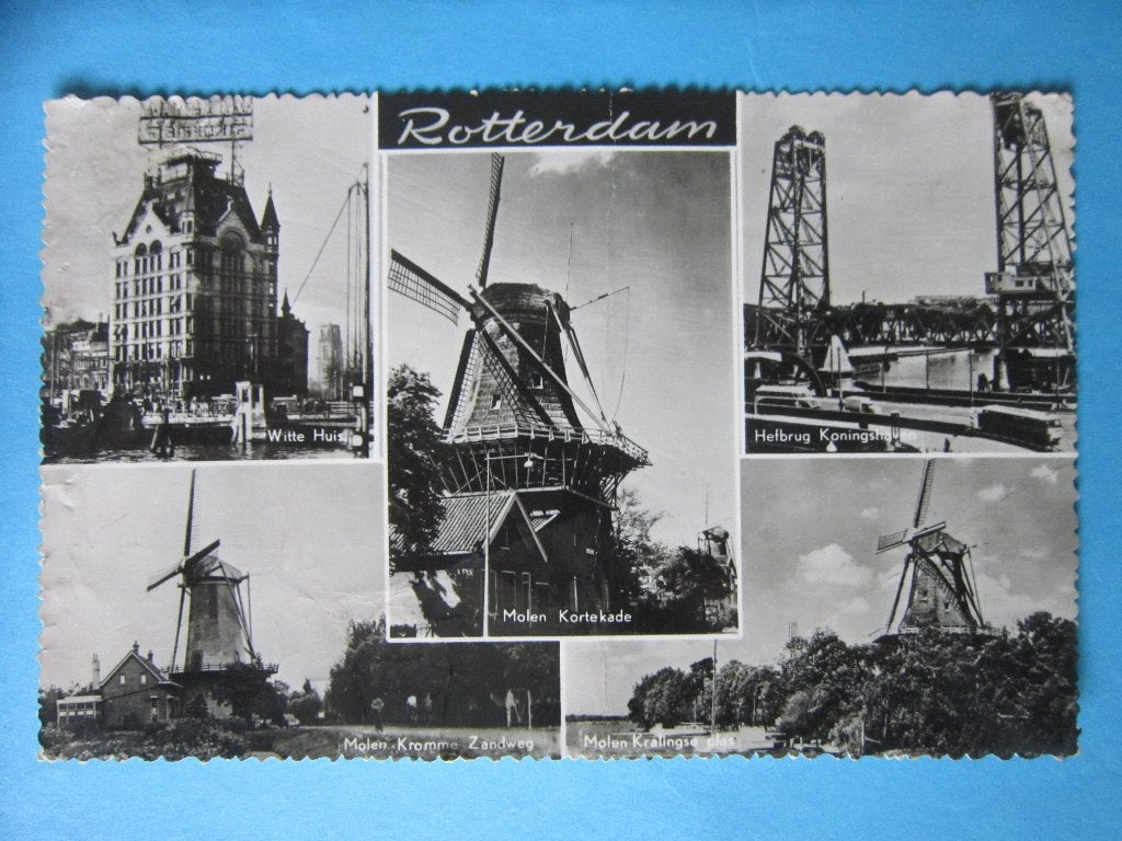 Ansichtkaart: Rotterdam, Witte huis, Molen Kortekade...., Ophalen of Verzenden, 1940 tot 1960, Gelopen, Zuid-Holland