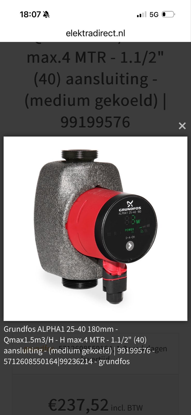 Grundfos Alpha1 25-40 180 Circulatiepomp Nieuw in Doos, Minder dan 30 cm, Overige typen, Nieuw, Minder dan 60 cm