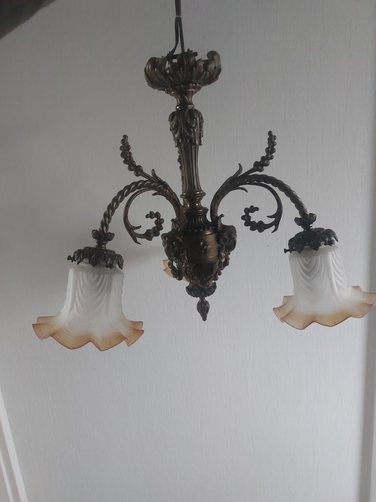 Antieke bronzen kroonluchter met 3 armen, Ophalen of Verzenden
