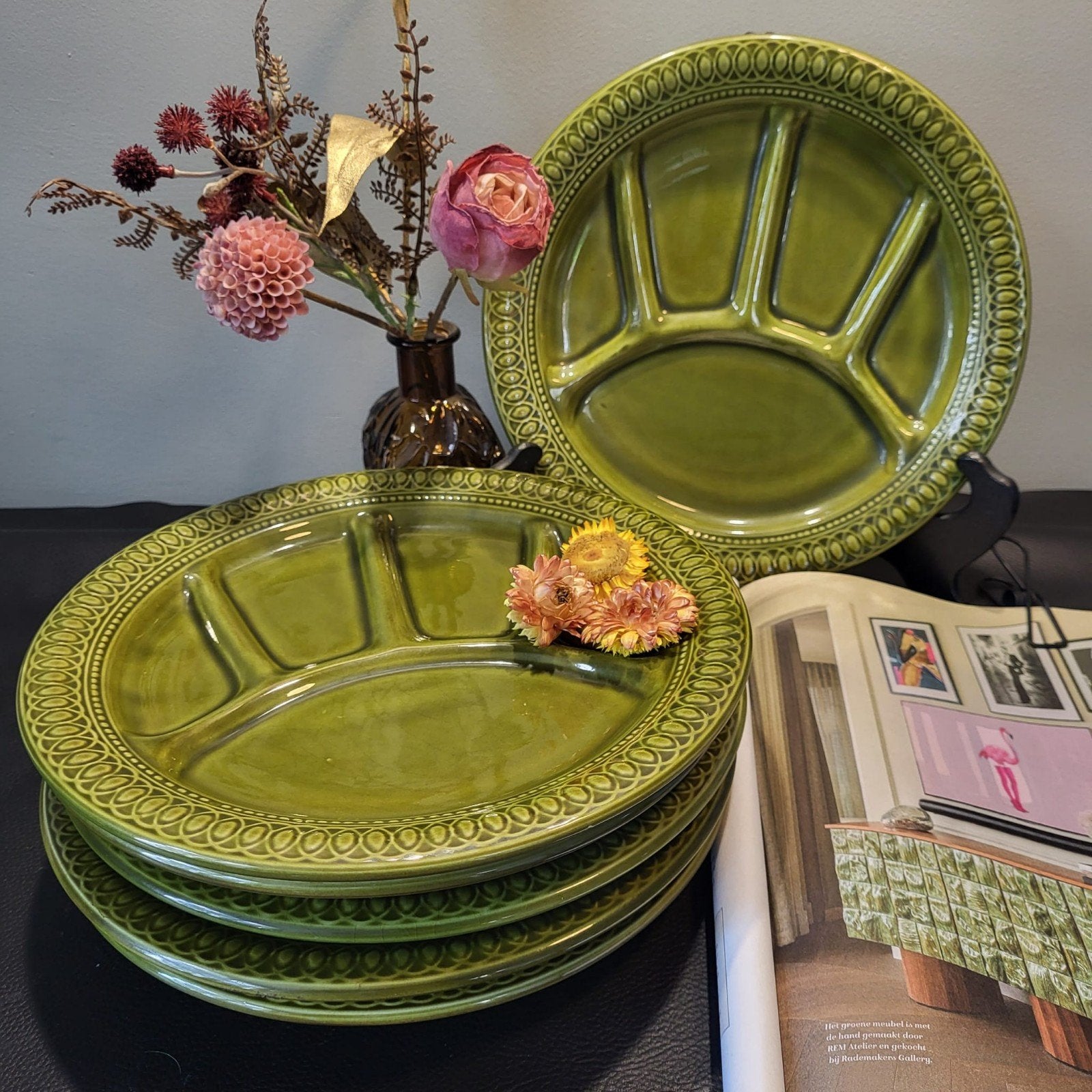 Besio & Figlio 5 Italiaanse fondueborden met vakjes ø24,5 cm, Gebruikt, Keramiek, Ophalen of Verzenden, Bord(en)